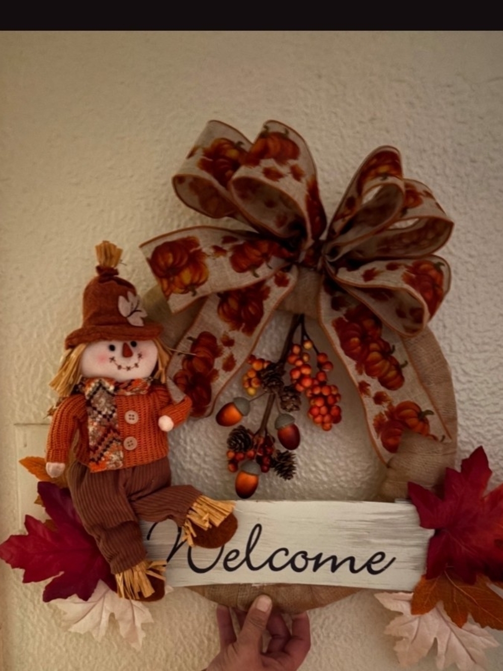Welcome Fall Scarecrow Wreath with Orange Bow